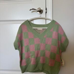 Altar'd State Green and Pink Checkered V-Neck Sweater